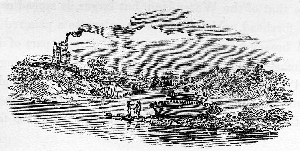 A wood-engraved vignette of a river bend where two figures stand on the bank beside a beached boat, with a smoking industrial structure on a hill to the left and buildings along the far shore.
